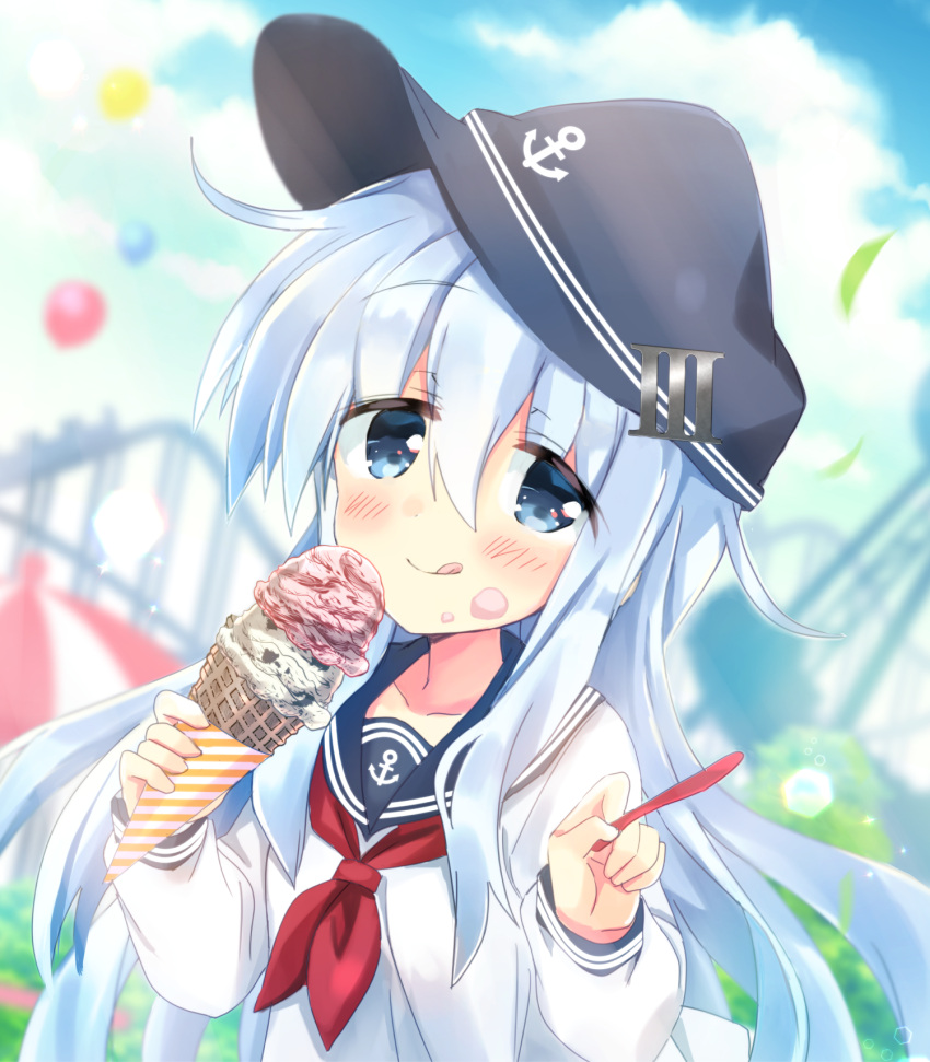 1girl :q amusement_park anchor_symbol balloon black_headwear black_legwear black_sailor_collar blue_eyes blue_hair blue_sky blurry blurry_background carousel closed_mouth clouds commentary_request day depth_of_field double_scoop flat_cap food food_on_face hat head_tilt hibiki_(kantai_collection) highres hizuki_yayoi holding holding_food ice_cream ice_cream_cone ice_cream_on_face kantai_collection long_hair long_sleeves looking_at_viewer neckerchief outdoors red_neckwear roller_coaster sailor_collar school_uniform serafuku shirt silver_hair sky smile solo spoon tongue tongue_out upper_body very_long_hair white_shirt