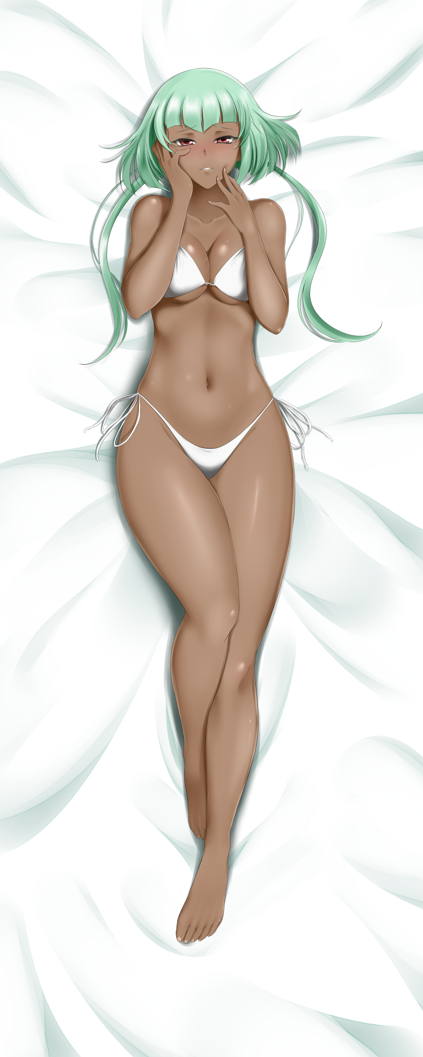 1girl absurdres alfred_cullado bangs barefoot bed_sheet bikini breasts cleavage collarbone dakimakura emerald_sustrai from_above full_body green_hair highres incredibly_absurdres looking_at_viewer lying medium_breasts on_back on_bed paid_reward parted_lips patreon_reward red_eyes rwby shiny shiny_hair shiny_skin short_hair_with_long_locks side-tie_bikini sidelocks solo swimsuit under_boob white_bikini