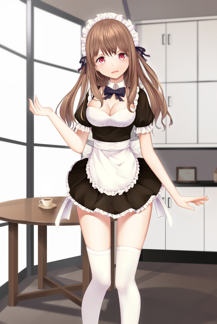 1girl :d absurdres apron bangs black_shirt black_skirt blush breasts brown_hair cleavage coffee collar commentary_request cup detached_collar eyebrows_visible_through_hair fingernails frilled_apron frilled_skirt frills hair_between_eyes hand_up head_tilt highres indoors karin_(fineyanny) long_hair maid maid_headdress medium_breasts open_mouth original picture_frame pleated_skirt red_eyes saucer shirt skirt smile solo standing table thigh-highs waist_apron white_apron white_collar white_legwear window wing_collar zettai_ryouiki