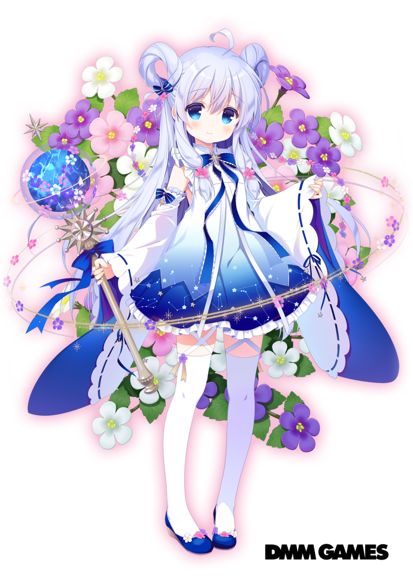 1girl ahoge bangs blue_bow blue_eyes blue_footwear bow bowtie closed_mouth commentary_request copyright_name detached_sleeves dmm floral_background flower flower_knight_girl full_body gradient gradient_background hair_between_eyes hair_ribbon hair_rings highres holding holding_wand light_blue_hair long_hair looking_at_viewer object_namesake official_art ribbon santa_matsuri smile solo standing sutera_(flower_knight_girl) thigh-highs wand white_background white_legwear wide_sleeves