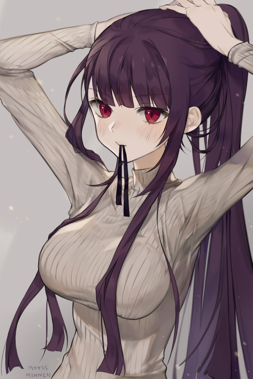 1girl arms_up bangs blunt_bangs breasts eyebrows_visible_through_hair girls_frontline gradient gradient_background highres impossible_clothes impossible_sweater large_breasts long_hair long_sleeves looking_at_viewer minncn mouth_hold ponytail purple_hair red_eyes ribbed_sweater ribbon ribbon_in_mouth sidelocks simple_background solo sweater turtleneck turtleneck_sweater tying_hair upper_body wa2000_(girls_frontline)