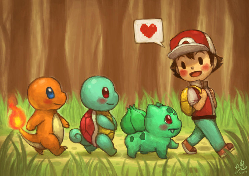 1boy :d baseball_cap black_eyes blue_eyes blush brown_hair bulbasaur charmander commentary creature creatures_(company) day english_commentary fiery_tail fire flame following from_side full_body game_freak gen_1_pokemon grass hat heart highres looking_at_another male_focus nintendo open_mouth outdoors pokemon pokemon_(creature) pokemon_(game) pokemon_following_person pokemon_frlg profile red_(pokemon) red_eyes red_headwear ry-spirit signature smile spoken_heart squirtle tail tree walking