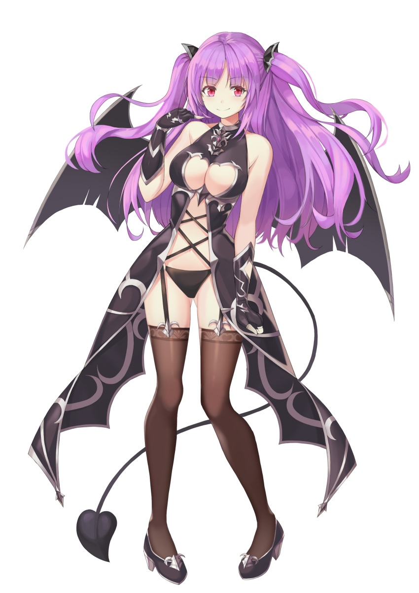 1girl absurdres bare_arms bare_shoulders black_dress black_footwear black_gloves black_panties breasts brooch brown_legwear center_opening cleavage closed_mouth demon_tail demon_wings dress fake_tail fake_wings fingerless_gloves floating_hair full_body garter_straps gloves gluteal_fold hair_ornament hand_up highres jewelry king's_raid large_breasts long_hair looking_at_viewer navel ophelia_(king's_raid) panties purple_hair red_eyes revealing_clothes round30fight shoes simple_background sleeveless sleeveless_dress smile solo stomach tail thigh-highs two_side_up underwear white_background wings
