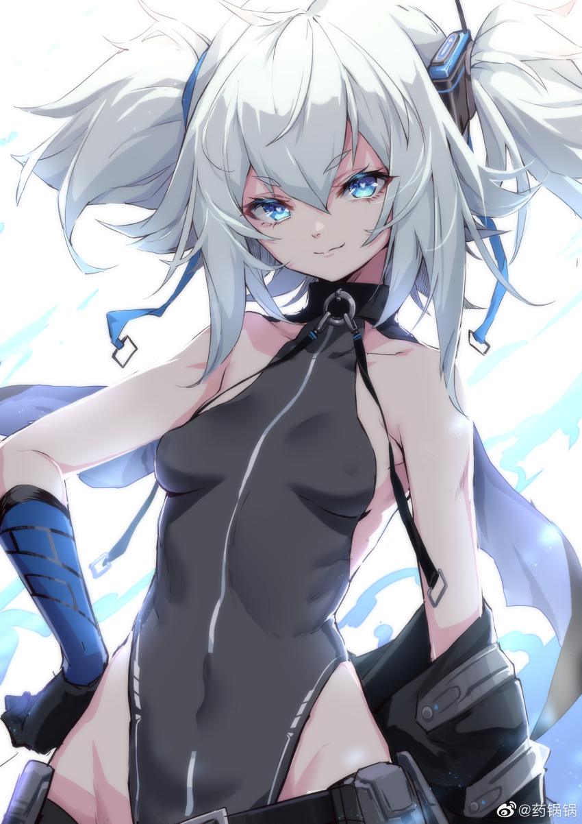 absurdres bangs bare_shoulders belt black_leotard blue_hair breasts closed_mouth collarbone covered_navel covered_nipples girls_frontline gloves grey_jacket groin hair_between_eyes hair_ornament hand_on_hip head_tilt heart heart-shaped_pupils highleg highleg_leotard highres jacket leotard looking_at_viewer messy_hair pa-15_(girls_frontline) shanyao_jiang_tororo short_eyebrows short_twintails sidelocks small_breasts smile standing symbol-shaped_pupils thigh_strap twintails two_side_up upper_body weibo_username