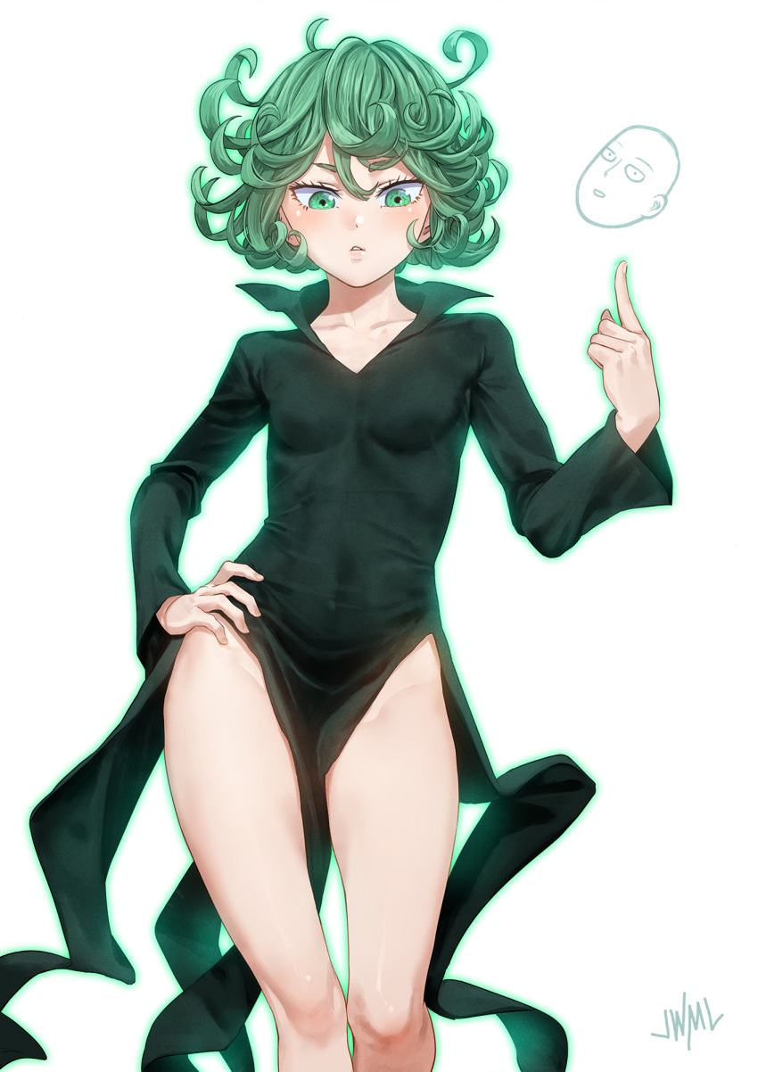 1boy 1girl black_dress blush breasts covered_navel curly_hair dress eyelashes green_eyes green_hair highres justin_leyva_(steamy_tomato) lips looking_at_viewer no_panties one-punch_man parted_lips pelvic_curtain saitama_(one-punch_man) shiny shiny_hair short_hair side_slit simple_background small_breasts solo_focus tatsumaki white_background