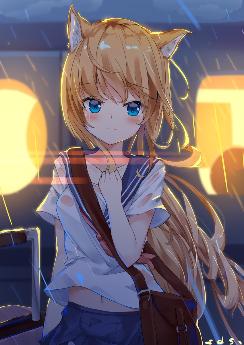 1girl animal_ears bag blue_eyes commentary_request frown furrowed_eyebrows ground_vehicle highres light_brown_hair long_hair messenger_bag navel neckerchief necktie original pleated_skirt rain sad sakutaishi school_uniform serafuku shirt short_sleeves shoulder_bag skirt tears train very_long_hair