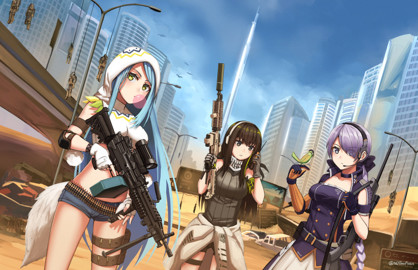 3girls armband assault_rifle asymmetrical_gloves bangs bird black_eyes black_hair blue_hair breasts bubble_blowing building chewing_gum choker cityscape clothes_around_waist commentary crossover day double-breasted english_commentary girls_frontline gloves green_hair gun hanged highres holding holding_gun holding_weapon hood jacket_around_waist lamppost large_breasts long_hair m249 m249_saw_(girls_frontline) m4_carbine m4a1_(girls_frontline) machine_gun medium_breasts multicolored_hair multiple_girls ndtwofives noose outdoors parody ribbed_sweater rifle sand sky spec_ops_the_line steyr_scout_(girls_frontline) streaked_hair sweater swept_bangs thigh_strap very_long_hair weapon yellow_eyes