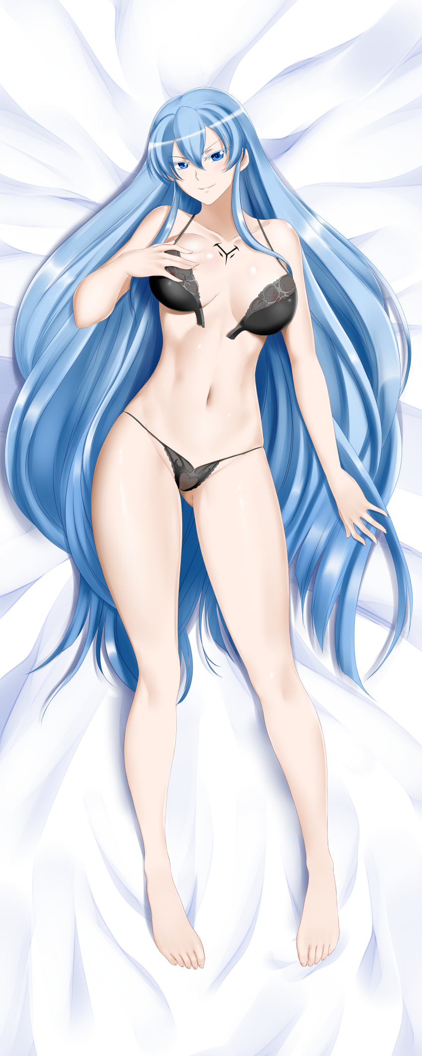 1girl absurdres akame_ga_kill! alfred_cullado ass_visible_through_thighs barefoot black_bra black_panties blue_eyes blue_hair bra breasts cleavage collar collarbone dakimakura esdeath from_above full_body hair_between_eyes highres huge_filesize incredibly_absurdres large_breasts long_hair looking_at_viewer lying navel on_back on_bed open_bra paid_reward panties patreon_reward shiny shiny_hair shiny_skin smile solo underwear underwear_only very_long_hair