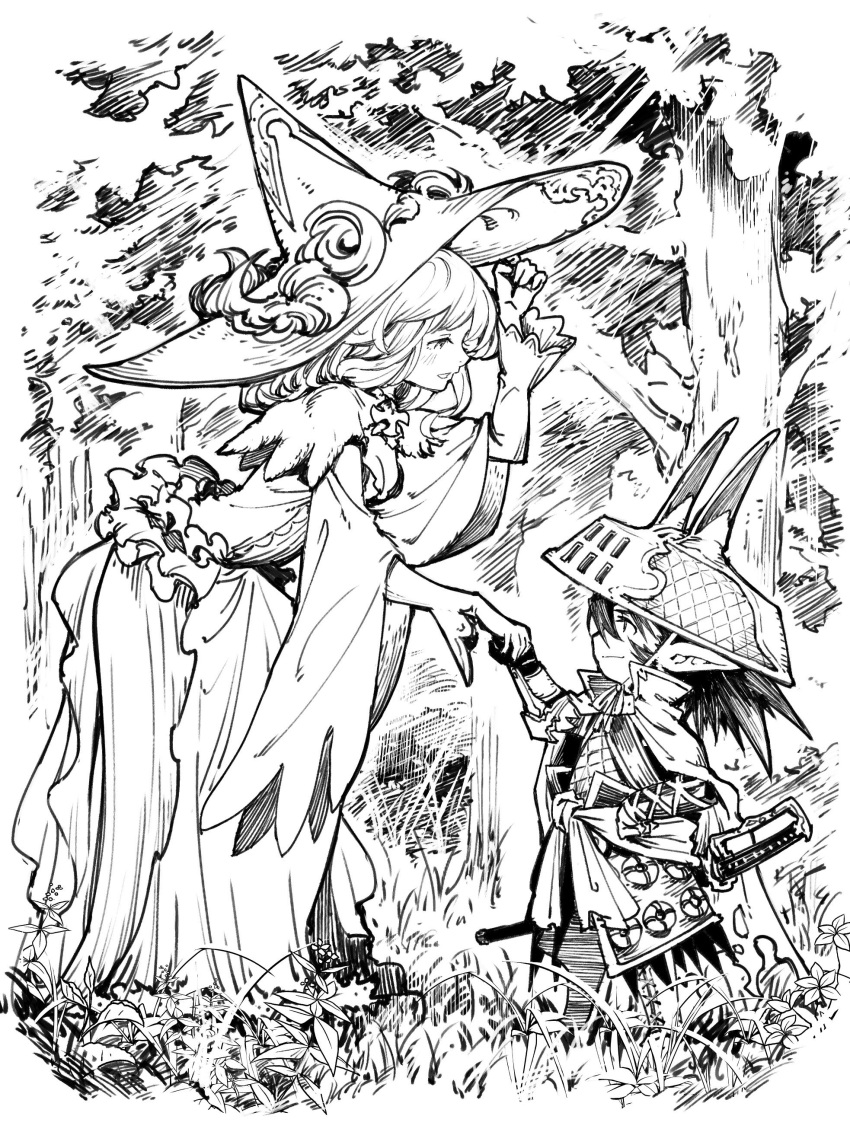 1boy 1girl absurdres ajirogasa breasts cleavage dress forest granblue_fantasy harvin hat highres katana lennah long_dress mephist-pheles monochrome nature pointy_ears sevilbarra size_difference smile sword traditional_media weapon witch_hat