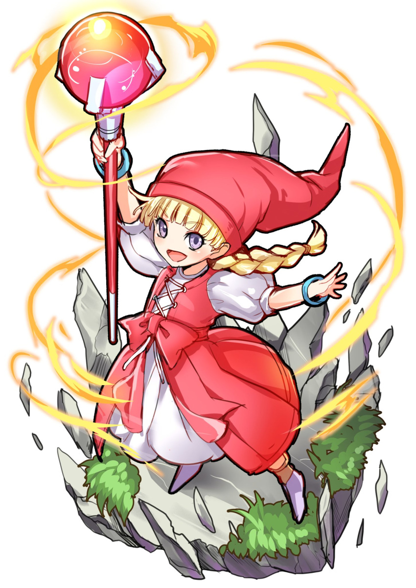 1girl :d arm_up bangs blonde_hair bow bracelet braid cross-laced_clothes dragon_quest dragon_quest_xi dress eyebrows_visible_through_hair full_body grass hat highres holding holding_staff jewelry legs_apart long_hair looking_at_viewer magic no_nose open_mouth puffy_short_sleeves puffy_sleeves red_bow red_headwear short_sleeves smile solo staff veronica_(dq11) violet_eyes white_background white_dress yuduki_(tt-yuduki)