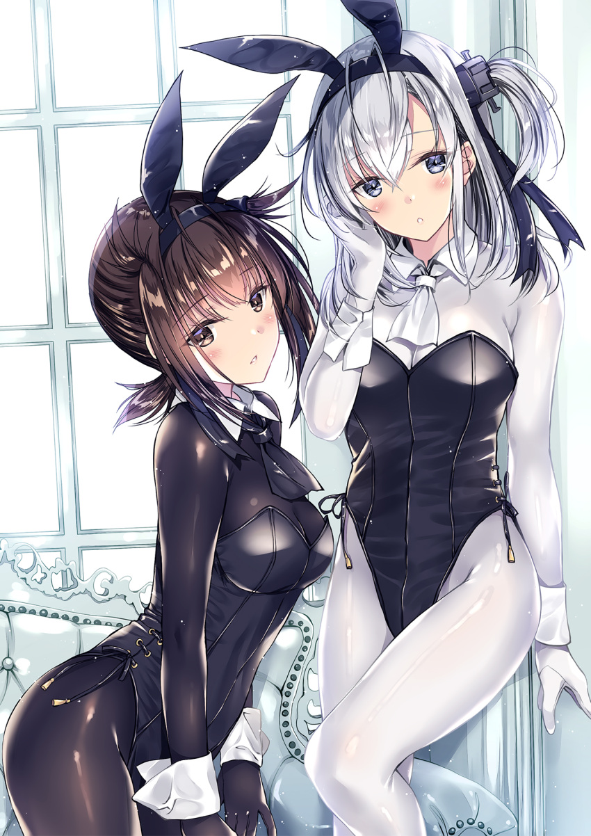 2girls :o animal_ears bangs black_hair black_legwear black_leotard black_neckwear blue_eyes blush bodysuit breasts brown_hair couch detached_collar eyebrows_visible_through_hair fake_animal_ears full_body hair_between_eyes hair_flaps hairband hatsuzuki_(kantai_collection) head_out_of_frame head_tilt headband highres indoors kantai_collection knees kobayashi_chisato leaning legs leotard long_hair looking_at_viewer lower_body medium_breasts multiple_girls neckerchief one_side_up parted_lips rabbit_ears short_hair sidelocks silver_hair skin_tight studded_trim suzutsuki_(kantai_collection) thighs white_bodysuit white_neckwear window wrist_cuffs yellow_eyes