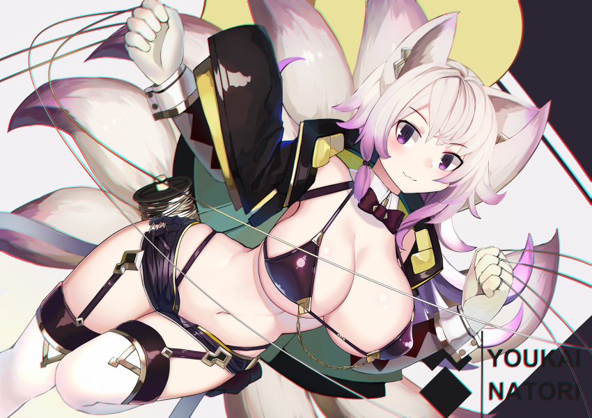 1girl :3 animal_ears artist_name bikini bikini_under_clothes black_bikini black_jacket black_shorts blush bow bowtie breasts chains cleavage closed_mouth commentary_request cropped_jacket detached_collar dutch_angle fox_ears fox_tail garter_straps gloves gradient_hair highleg highleg_bikini highres holding jacket kyuubi large_breasts leg_up long_sleeves looking_at_viewer micro_shorts multicolored_hair multiple_tails natori_youkai navel open_clothes open_fly open_jacket original purple_hair short_hair shorts silver_hair slit_pupils smile solo stomach swimsuit tail thigh-highs thread violet_eyes white_gloves white_legwear wing_collar