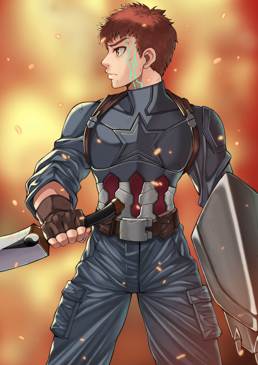 1boy absurdres avengers belt blue_pants brown_gloves captain_america captain_america_(cosplay) cosplay embers emiya_shirou fate/grand_order fate/stay_night fate_(series) fingerless_gloves fire gloves highres holding holding_sword holding_weapon kanshou_&amp;_bakuya looking_to_the_side magic_circuit marvel nanni_jjang pants redhead scratches shield solo star sword weapon yellow_eyes