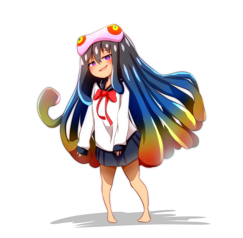 1girl :d absurdres bangs barefoot black_hair black_sailor_collar black_skirt blue_hair blush bow commentary_request eyebrows_visible_through_hair gradient_hair green_hair hair_between_eyes highres idaten93 long_sleeves looking_at_viewer monster_girl multicolored_hair open_mouth original parasite personification pleated_skirt red_bow redhead sailor_collar school_uniform serafuku shadow shirt skirt sleeves_past_wrists smile solo standing violet_eyes white_background white_shirt