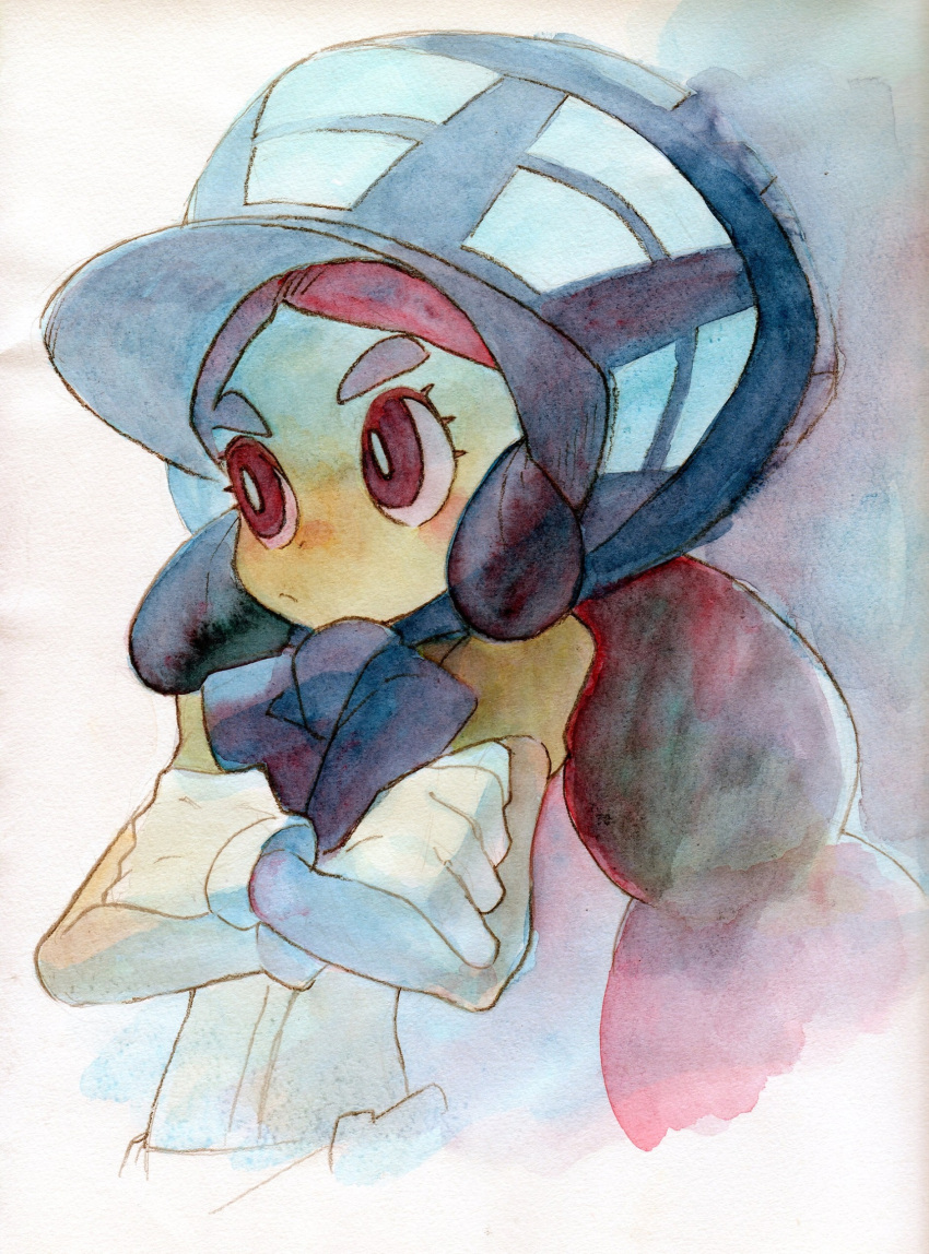 1girl absurdres black_hair bonnet bright_pupils closed_mouth creatures_(company) crossed_arms dark_skin donnpati frown game_freak gloves hapu'u_(pokemon) highres island_kahuna long_hair nintendo pokemon pokemon_(game) pokemon_sm solo thick_eyebrows traditional_media upper_body violet_eyes watercolor_(medium) white_gloves white_pupils