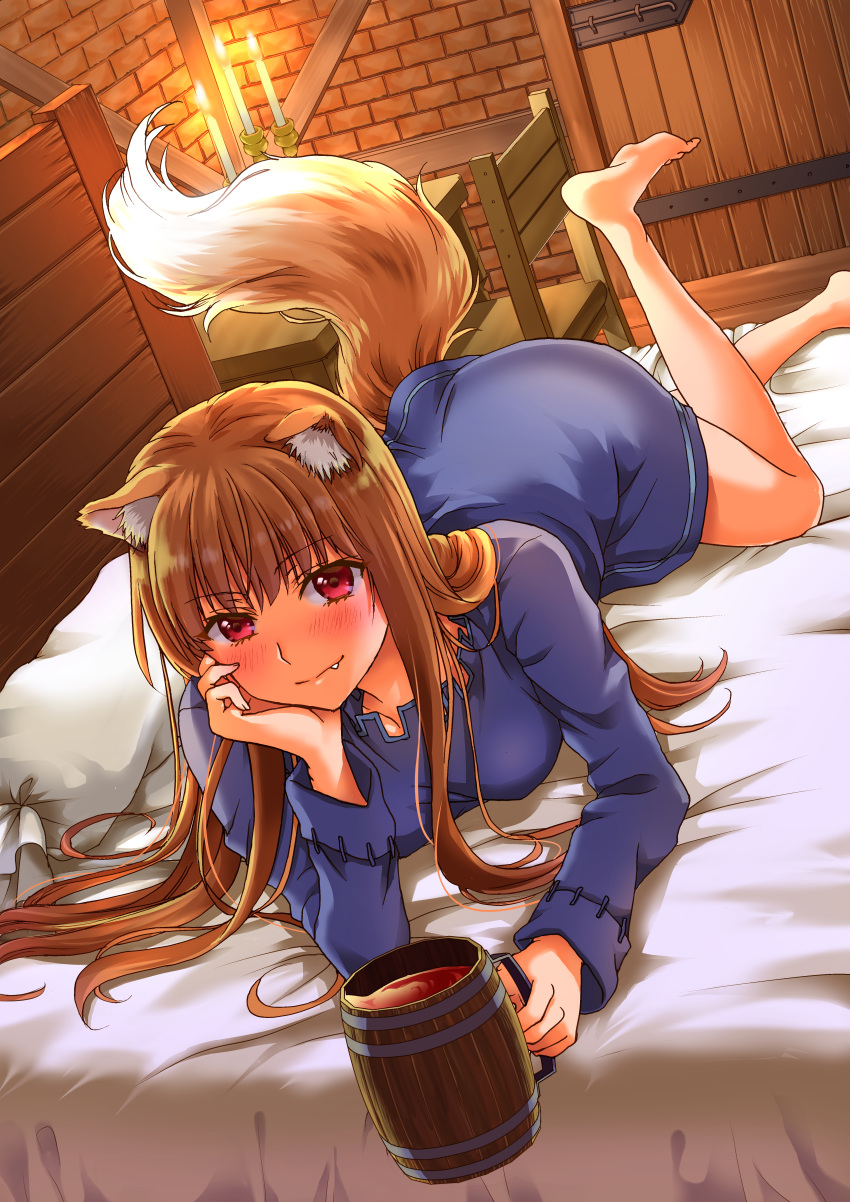 1girl :d absurdres alcohol animal_ears ass bangs barefoot bed bed_sheet beer beer_mug blue_dress blue_shirt blunt_bangs blush breasts brown_hair candle closed_mouth collarbone cup dress eyebrows_visible_through_hair eyelashes fang fingernails food full_body hand_on_own_cheek head_rest highres holding holding_cup holding_food holo huge_filesize indoors leg_up long_dress long_hair long_sleeves looking_at_viewer lying mug night on_bed on_stomach open_mouth pillow red_eyes shirt sidelocks smile soles solo spice_and_wolf tail wolf_ears wolf_girl wolf_tail