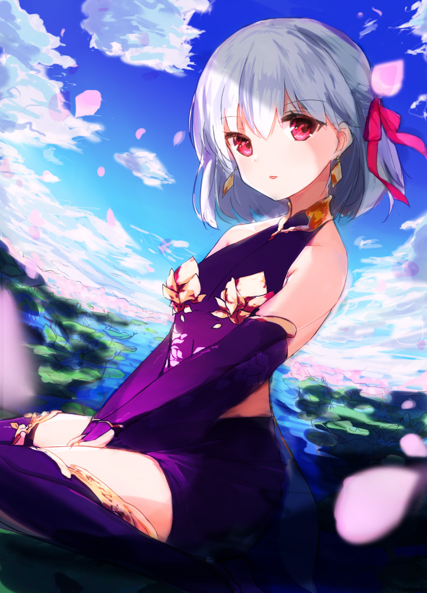 1girl bare_shoulders blue_sky bridal_gauntlets cherry_blossoms clouds commentary earrings eyebrows_visible_through_hair falling_petals fate/grand_order fate_(series) hair_ribbon hands_on_lap highres jewelry kama_(fate/grand_order) looking_at_viewer outdoors parted_lips red_eyes ribbon short_hair silver_hair sitting sky sleeveless solo sutorea wariza