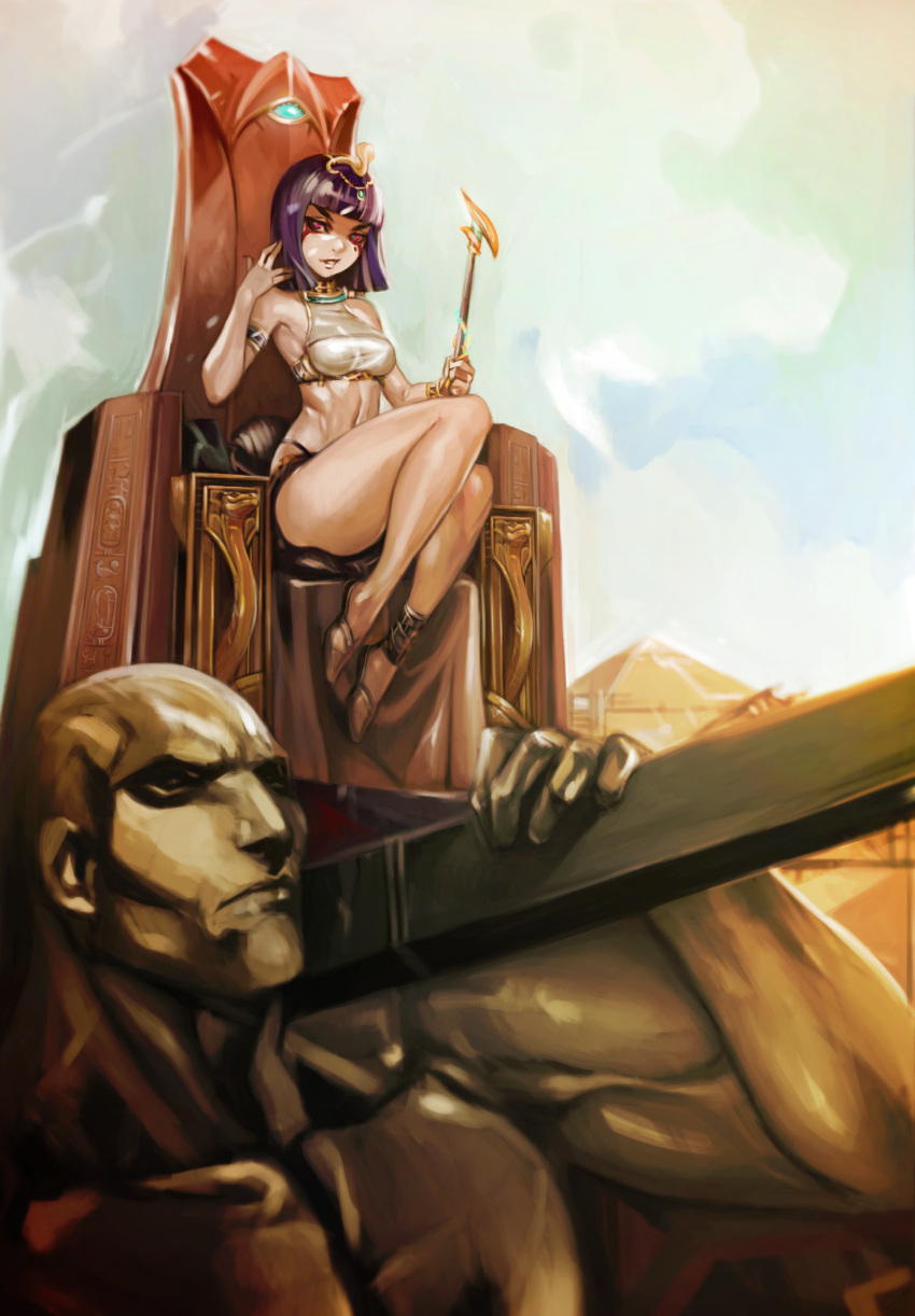 1boy 1girl absurdres bare_shoulders crown diadem egyptian egyptian_clothes filemonte gold headpiece highres jewelry looking_at_viewer midriff mitos_y_leyendas mole navel purple_hair pyramid red_eyes royal sandals scepter short_hair sitting sky thick_thighs thighs throne white_skin