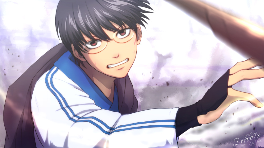 1boy 2019 black_hair blurry blurry_background blurry_foreground bruise_on_face clenched_teeth gintama holding holding_sword holding_weapon japanese_clothes kimono long_sleeves looking_at_viewer male_focus red_eyes rimless_eyewear shimura_shinpachi shiny shiny_hair signature solo sword teeth upper_body weapon white_kimono zeroo7x