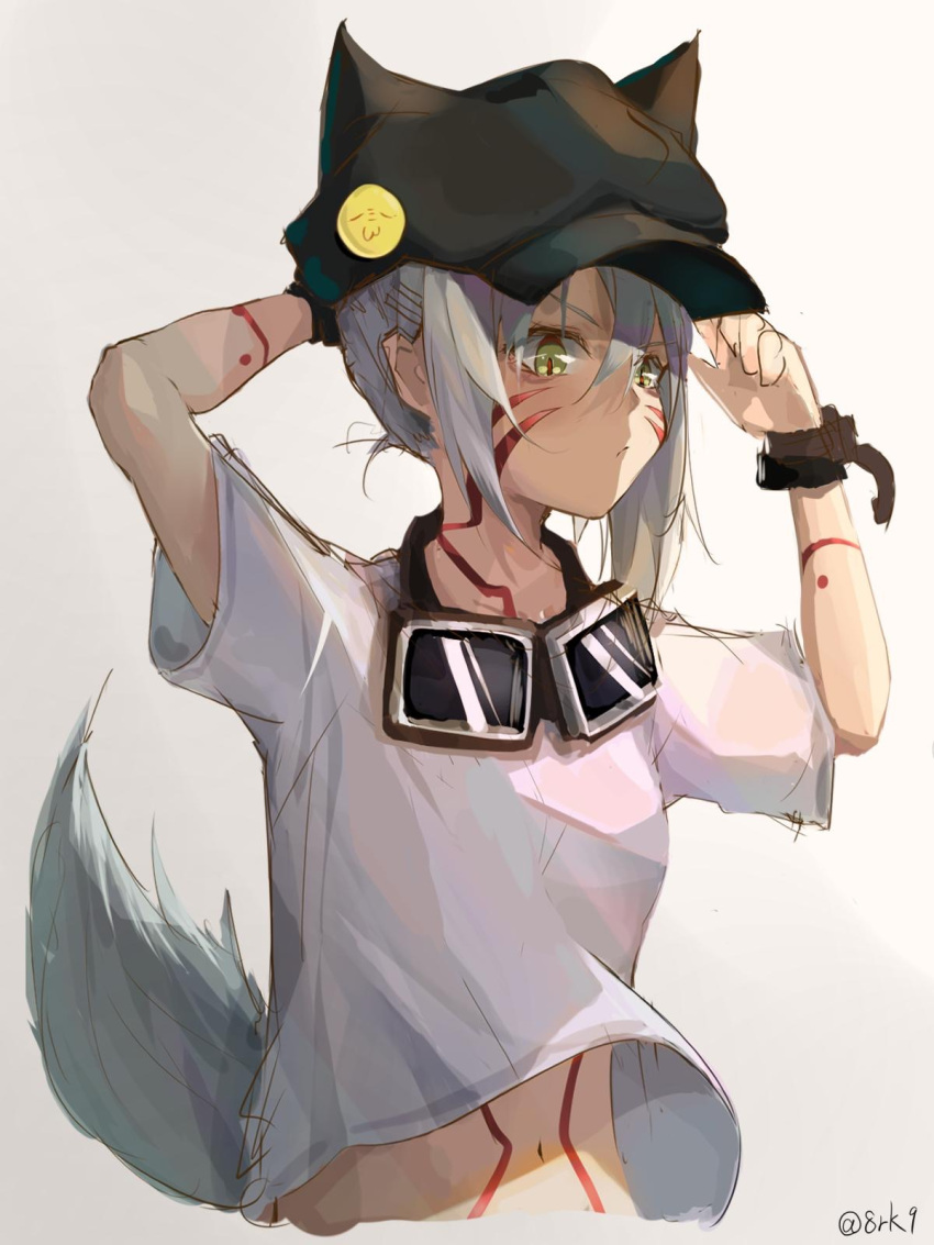 1girl 8rk9 animal_ears arm_up black_headwear cabbie_hat closed_mouth cropped_torso facial_mark fake_animal_ears fox_tail goggles goggles_around_neck gradient gradient_background green_eyes grey_background hand_up hat highres long_hair looking_at_viewer midriff navel original shirt short_sleeves side_ponytail sidelocks silver_hair sketch slit_pupils solo stomach tail twitter_username v-shaped_eyebrows white_background white_shirt wristband