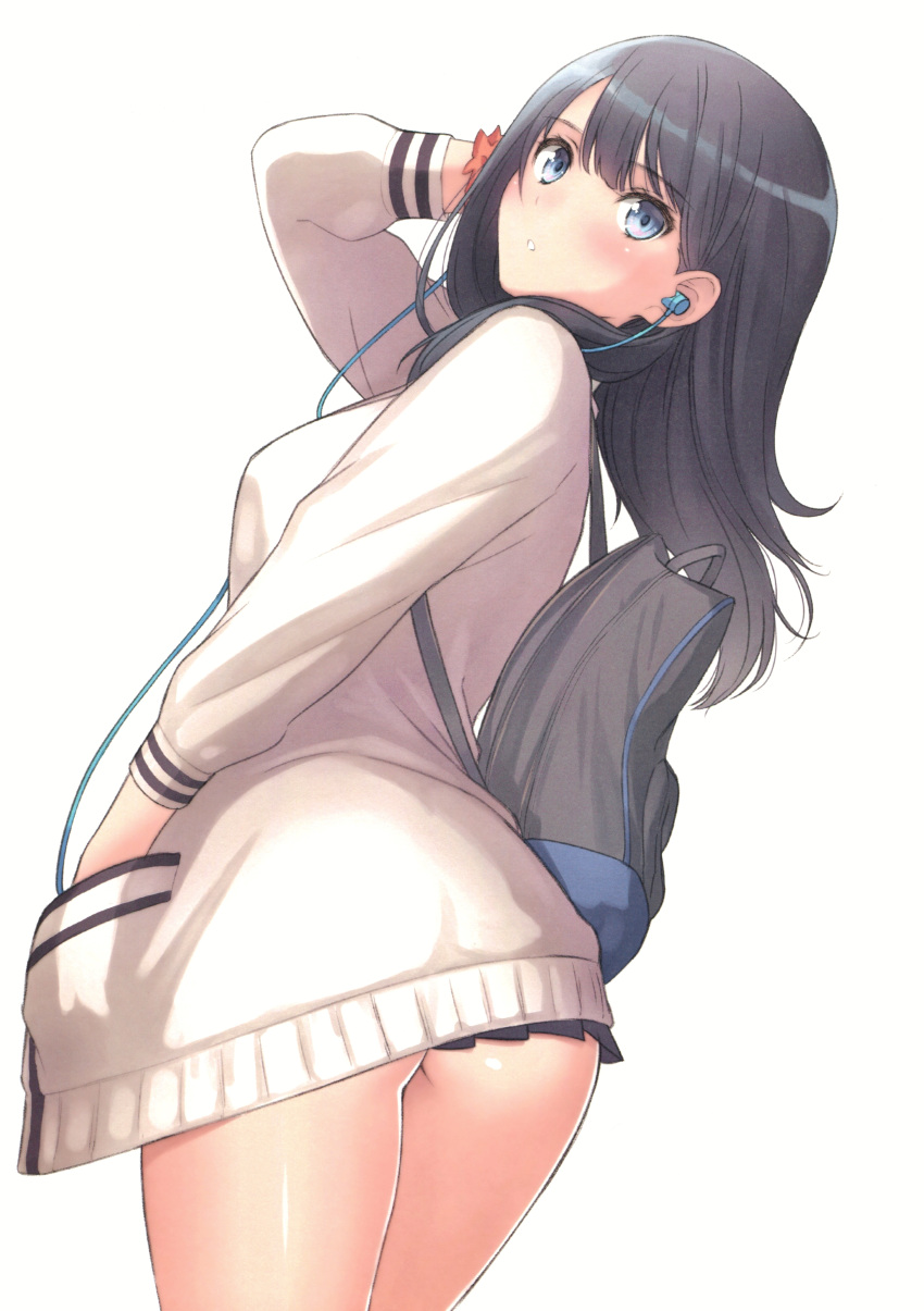 1girl absurdres arm_up backpack bag bangs blush breasts earphones eyebrows_visible_through_hair from_behind highres long_sleeves looking_at_viewer looking_back medium_breasts parted_lips scan shiny shiny_hair shiny_skin simple_background skirt solo ssss.gridman takarada_rikka tanaka_takayuki thighs white_background