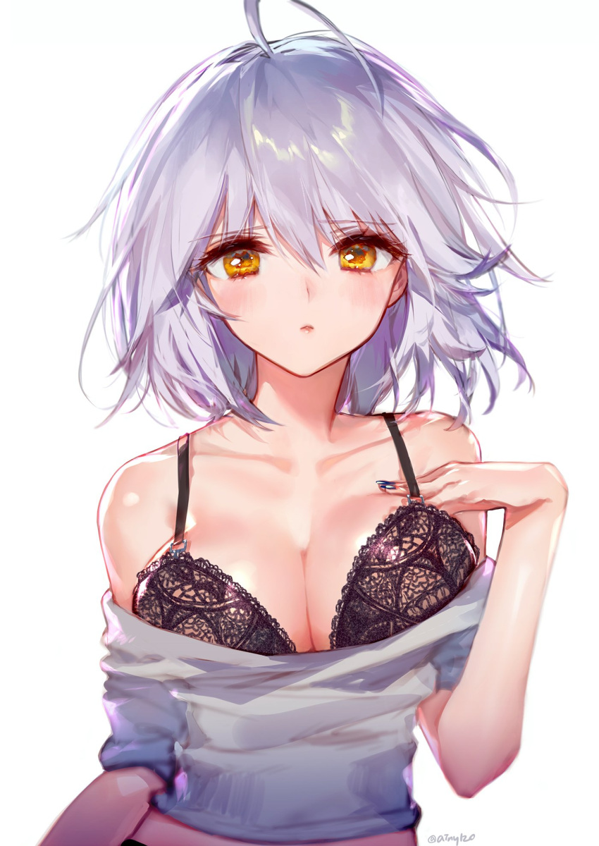 1girl ahoge ainy77 artist_name black_bra blush bra breasts cleavage eyebrows_visible_through_hair fate/grand_order fate_(series) hair_between_eyes hand_on_own_chest highres jeanne_d'arc_(alter)_(fate) jeanne_d'arc_(fate)_(all) lace lace_bra large_breasts lips looking_at_viewer medium_hair nail_polish off-shoulder_shirt off_shoulder shirt silver_hair simple_background solo underwear yellow_eyes
