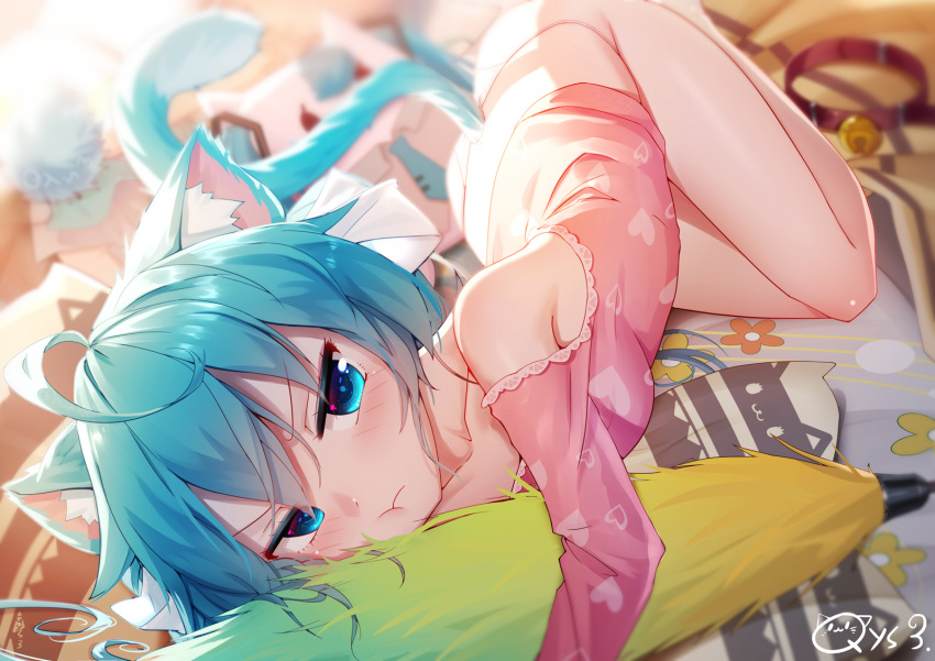 1girl :t ahoge animal_ears aqua_eyes aqua_hair artist_name bai_yemeng bare_shoulders bell bell_collar cat_ears cat_tail collar hatsune_miku highres jingle_bell looking_at_viewer solo tail vocaloid