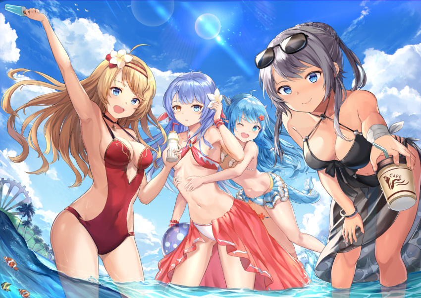 4girls ;d ahoge animal arm_up armpits artemia_(king's_raid) ass_visible_through_thighs bangle beads bent_over bikini bikini_skirt bird black_bikini black_choker blonde_hair blue_eyes blue_hair blue_sky bottle bracelet braided_bun breasts brown_eyes choker cleavage closed_mouth clouds cloudy_sky clownfish collarbone covered_navel criss-cross_halter cup day dragon_girl dragon_horns dragon_tail drinking_straw eyewear_on_head fish floating_hair flower food frilled_bikini frills front-tie_bikini front-tie_top grey_hair hair_bun hair_flower hair_ornament halterneck hand_on_own_thigh hand_up heterochromia highres holding holding_bottle holding_cup horns hug hug_from_behind innertube jewelry kara_(king's_raid) king's_raid large_breasts leaning_forward lens_flare lilia_(king's_raid) long_hair looking_at_viewer medium_breasts mosta_(lo1777789) multiple_girls navel ocean one-piece_swimsuit one_eye_closed open_mouth outdoors palm_tree pointy_ears popsicle red_bikini ribbon sarong scarlet_(king's_raid) sidelocks sky small_breasts smile standing stomach sun sunglasses sunlight swimsuit tail tail_ribbon tree v-shaped_eyebrows wading water white_bikini white_flower wrist_cuffs wrist_ribbon