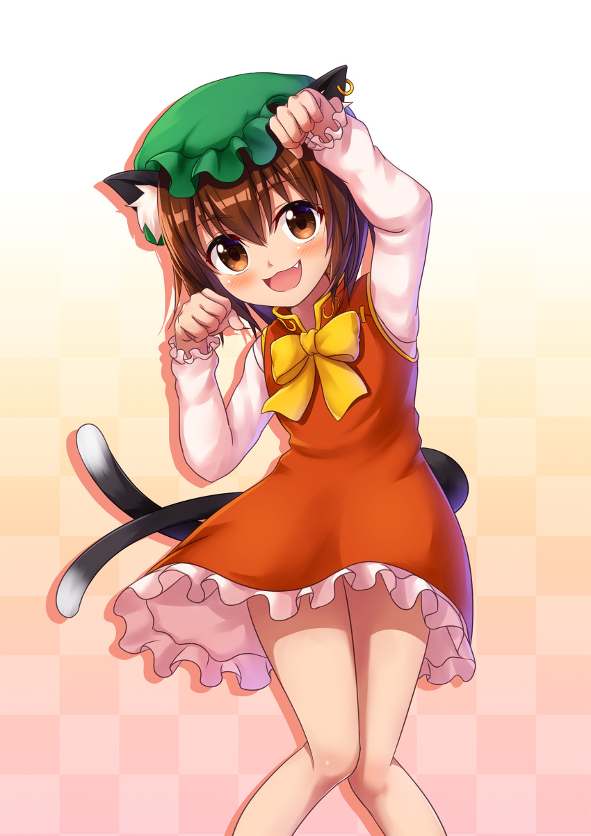1girl :d animal_ear_fluff animal_ears bangs brown_eyes brown_hair cat_ears cat_tail checkered checkered_background chen commentary dress eyebrows_visible_through_hair fang frilled_dress frills gradient gradient_background hair_between_eyes hat highres jewelry looking_at_viewer mob_cap morokoshi_(tekku) multiple_tails open_mouth paw_pose red_dress short_hair simple_background single_earring smile solo tail touhou two_tails