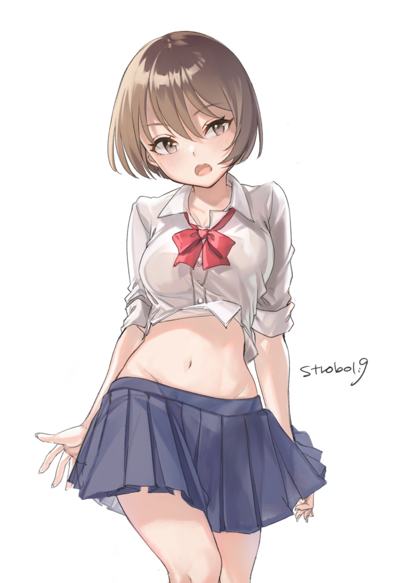 1girl :o artist_name bangs blue_skirt bow bowtie breasts brown_eyes brown_hair buttons cleavage collared_shirt cowboy_shot dress_shirt groin highres looking_at_viewer medium_breasts midriff miniskirt navel open_mouth original pleated_skirt red_neckwear school_uniform shirt shirt_lift short_hair simple_background skirt sleeves_past_elbows solo standing stomach strobo19 thighs white_background white_shirt