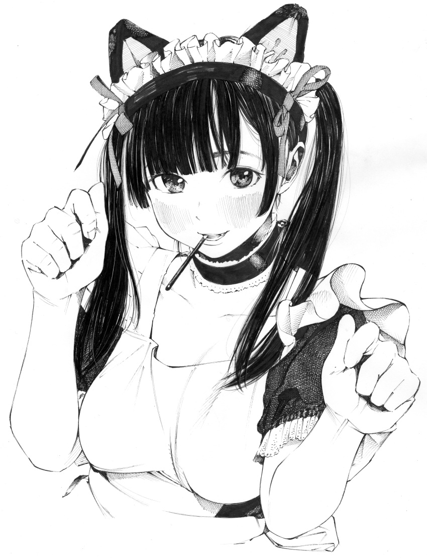 1girl absurdres alternate_costume animal_ears apron black_eyes black_hair bow breasts cat_ears choker enmaided fake_animal_ears food food_in_mouth gagaimo hair_bow hand_up highres large_breasts maid maid_apron maid_dress maid_headdress monochrome original pocky traditional_media twintails