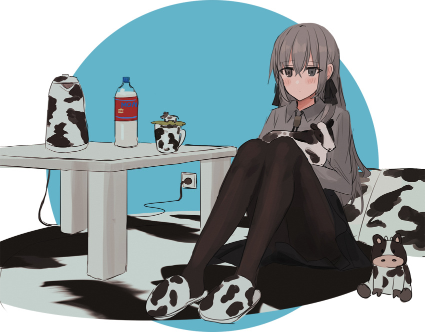 1girl animal_print bangs black_legwear black_skirt blue_background blush bottle brown_eyes brown_hair chihuri closed_mouth collared_shirt cow_print cup electric_socket eyebrows_visible_through_hair grey_shirt hair_between_eyes knees_up long_hair long_sleeves mug object_hug original pantyhose pillow print_footwear shirt sitting skirt slippers solo stuffed_animal stuffed_cow stuffed_toy table themed_object two-tone_background very_long_hair white_background