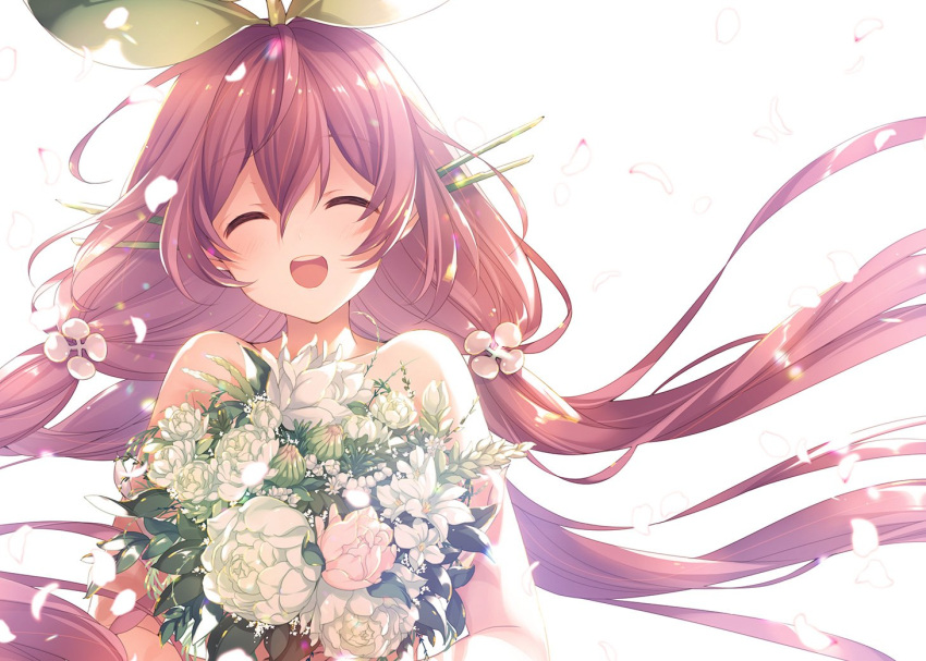1girl blush bouquet closed_eyes flower granblue_fantasy leaf low_twintails mizuno_(suisuiw) petals pink_hair smile twintails white_background yggdrasil_(granblue_fantasy)