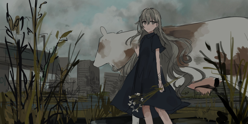 1girl animal bandage bandaged_arm bandages bangs black_dress blue_sky blush bridge brown_eyes brown_hair building chihuri closed_mouth clouds cloudy_sky cow day dress eyebrows_visible_through_hair flower grass hair_between_eyes holding holding_flower long_hair looking_at_viewer looking_to_the_side original outdoors short_sleeves sketch sky smile solo very_long_hair white_flower wide_sleeves