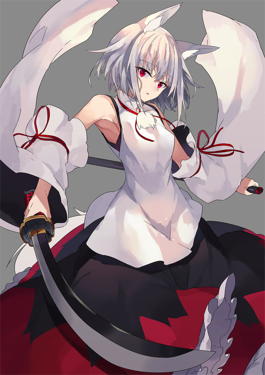 1girl animal_ear_fluff animal_ears arm_ribbon armpits bangs bare_shoulders black_skirt breasts commentary_request cowboy_shot detached_sleeves eyebrows_visible_through_hair grey_background head_tilt hide448 highres holding holding_sheath holding_sword holding_weapon inubashiri_momiji katana long_skirt long_sleeves looking_at_viewer medium_breasts multicolored multicolored_clothes multicolored_skirt petticoat red_eyes red_ribbon red_skirt ribbon scabbard sheath shirt short_hair silver_hair simple_background skirt solo sword tail touhou weapon white_shirt wide_sleeves wolf_ears wolf_tail