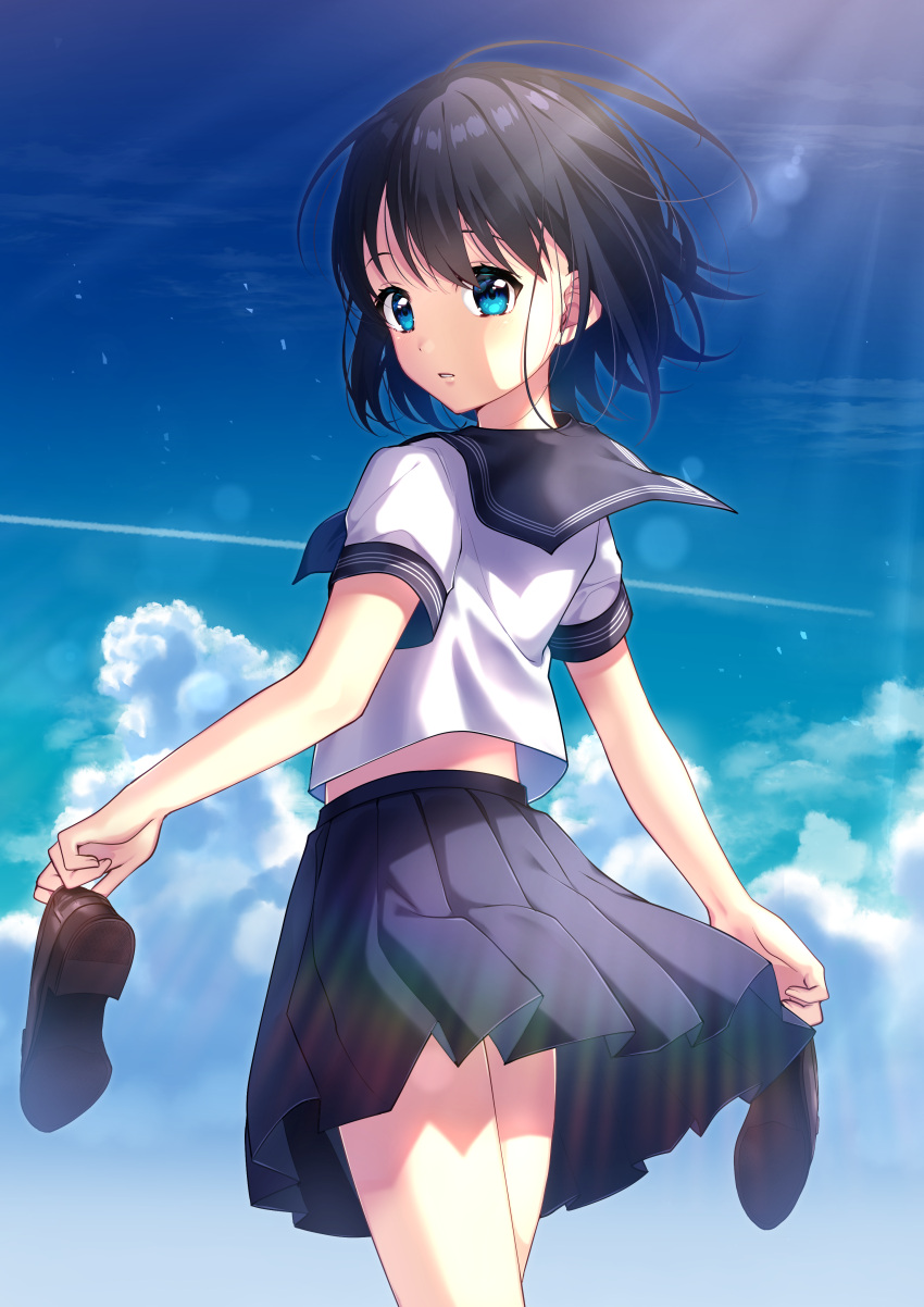 1girl absurdres bangs black_hair blue_eyes blue_neckwear blue_sailor_collar blue_skirt blue_sky blush brown_footwear clouds cloudy_sky commentary_request day eyebrows_visible_through_hair from_behind hair_between_eyes highres holding_footwear ichiren_namiro loafers looking_at_viewer looking_back original outdoors parted_lips pleated_skirt sailor_collar school_uniform serafuku shirt shoes shoes_removed short_sleeves skirt sky solo sunlight white_shirt