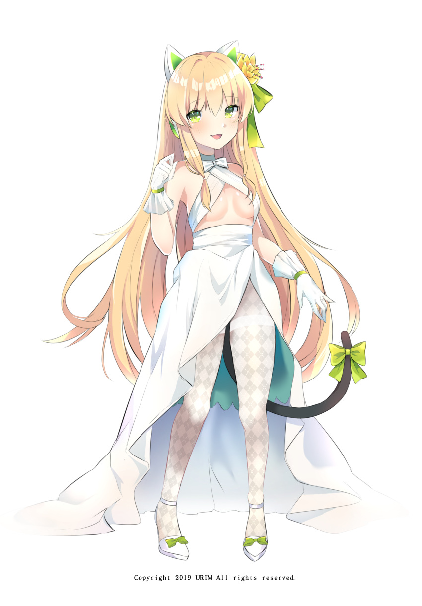 1girl :3 :d absurdres alternate_costume argyle argyle_legwear artist_name bangs bare_shoulders blonde_hair blush bow breasts breasts_apart cat_ear_headphones cat_tail choker clenched_hand dress erect_nipples fang flower frilled_gloves frills full_body girls_frontline gloves green_bow green_eyes hair_bow hair_flower hair_ornament hand_up headphones highres jewelry long_hair looking_at_viewer medium_breasts open_clothes open_dress open_mouth pantyhose revealing_clothes ring shoe_bow shoe_ribbon shoes sidelocks skin_fang smile solo standing tail tail_bow thighband_pantyhose tmp_(girls_frontline) urim_(paintur) watermark wedding_dress white_background white_choker white_dress white_footwear white_gloves white_legwear yellow_flower