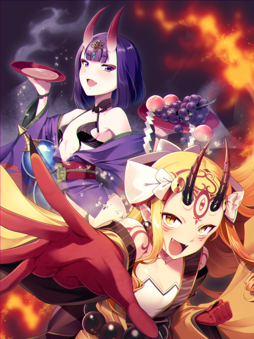 2girls :d absurdres bangs blonde_hair blunt_bangs breasts cleavage cup earrings eyebrows_visible_through_hair fang fangs fate/grand_order fate_(series) floating_hair gloves hakka_(88hk88) highres holding horns ibaraki_douji_(fate/grand_order) japanese_clothes jewelry kimono long_hair looking_at_viewer multiple_girls open_clothes open_kimono open_mouth outstretched_arm outstretched_hand pointy_ears purple_hair purple_kimono red_gloves sakazuki shiny shiny_hair short_hair shuten_douji_(fate/grand_order) sideboob slit_pupils small_breasts smile tattoo very_long_hair violet_eyes yellow_eyes