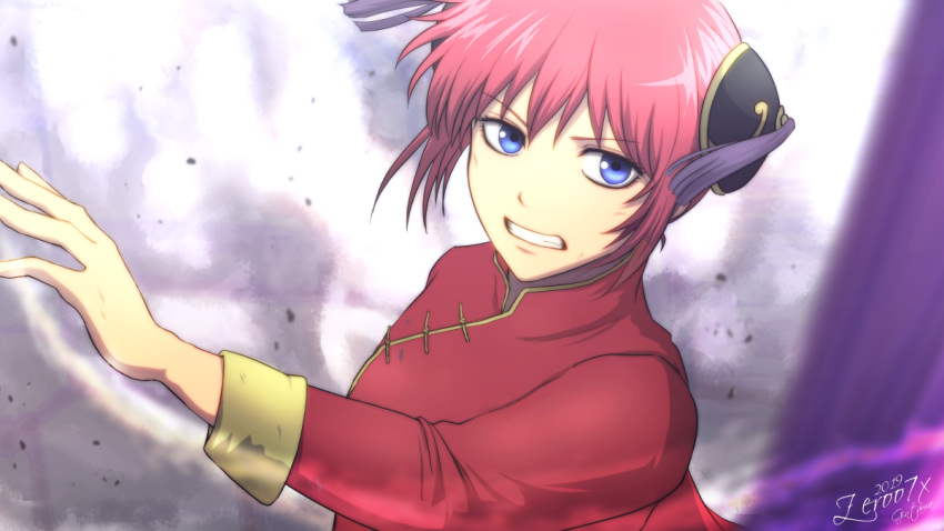 1girl 2019 blue_eyes blurry blurry_background china_dress chinese_clothes clenched_teeth double_bun dress eyebrows_visible_through_hair gintama kagura_(gintama) long_sleeves red_dress redhead shiny shiny_hair short_hair signature solo teeth upper_body zeroo7x