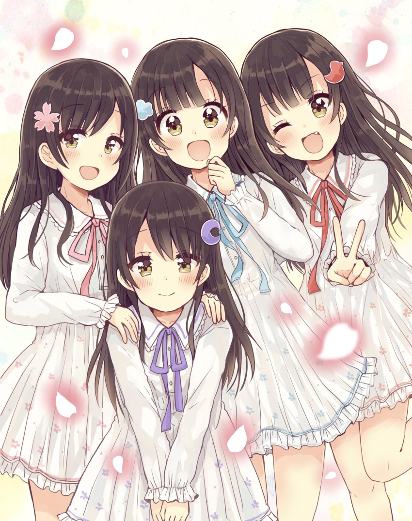 4girls :d ;d bangs bird_hair_ornament blue_ribbon blush brown_hair closed_mouth collared_shirt commentary_request crescent crescent_hair_ornament dress eyebrows_visible_through_hair fang flower green_eyes hair_between_eyes hair_flower hair_ornament hand_up hands_on_another's_shoulders hands_together highres long_hair multiple_girls neck_ribbon one_eye_closed open_mouth original outstretched_arm own_hands_together petals pink_flower pink_ribbon purple_ribbon red_ribbon ribbon sakura_oriko shirt sleeves_past_wrists smile standing standing_on_one_leg v v_arms very_long_hair white_dress