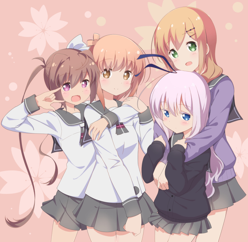 4girls arm_around_shoulder blonde_hair blue_eyes blush brown_hair commentary green_eyes hair_ornament hairpin ichinose_hana long_hair momochi_tamate multiple_girls pink_hair school_uniform sengoku_kamuri short_hair slow_start tokura_eiko twintails very_long_hair violet_eyes w yellow_eyes yunyunmaru