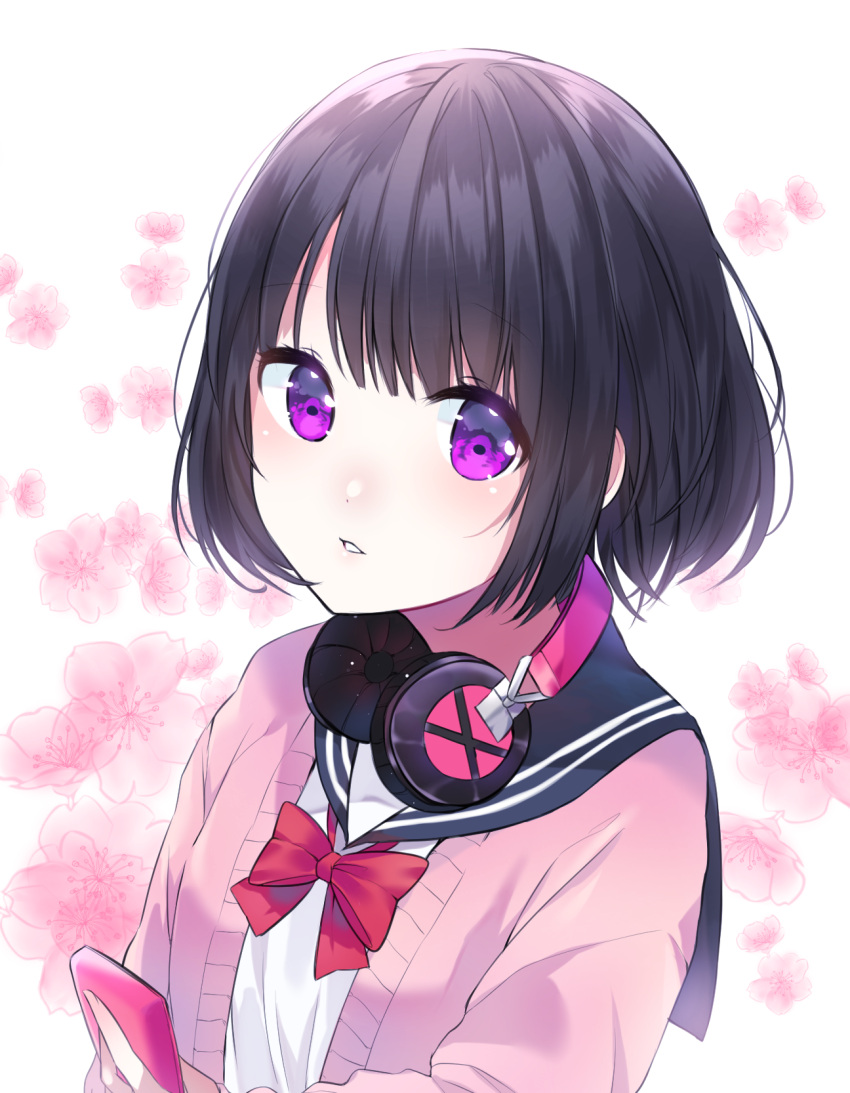 1girl bangs black_hair blue_sailor_collar blunt_bangs bob_cut bow bowtie cardigan cellphone cherry_blossoms eyebrows_visible_through_hair eyes_visible_through_hair flower headphones headphones_around_neck highres holding holding_phone looking_at_viewer original parted_lips phone pink_cardigan pink_flower red_bow sailor_collar school_uniform serafuku short_hair smartphone smartphone_case solo symbol_commentary urim_(paintur) violet_eyes white_background