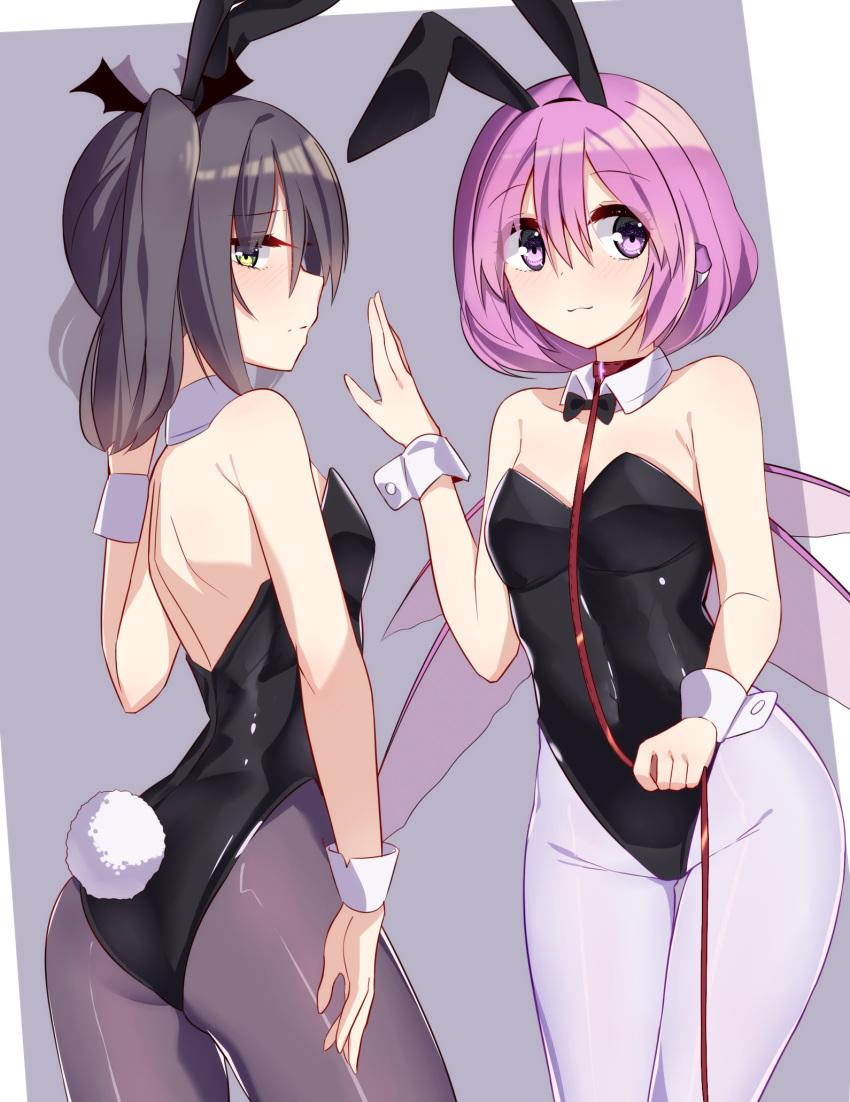 2girls :3 animal_ears bare_arms bare_shoulders black_hair black_legwear black_leotard black_neckwear bow bowtie breasts bunny_girl bunny_tail bunnysuit covered_navel cowboy_shot ddt_(darktrident) detached_collar fake_animal_ears green_eyes groin hair_between_eyes hand_up highres holding leash leotard long_hair looking_at_viewer looking_back multiple_girls original pantyhose personification profile purple_hair rabbit_ears short_hair sidelocks small_breasts smile standing starcraft tail twintails violet_eyes white_legwear wrist_cuffs zergling