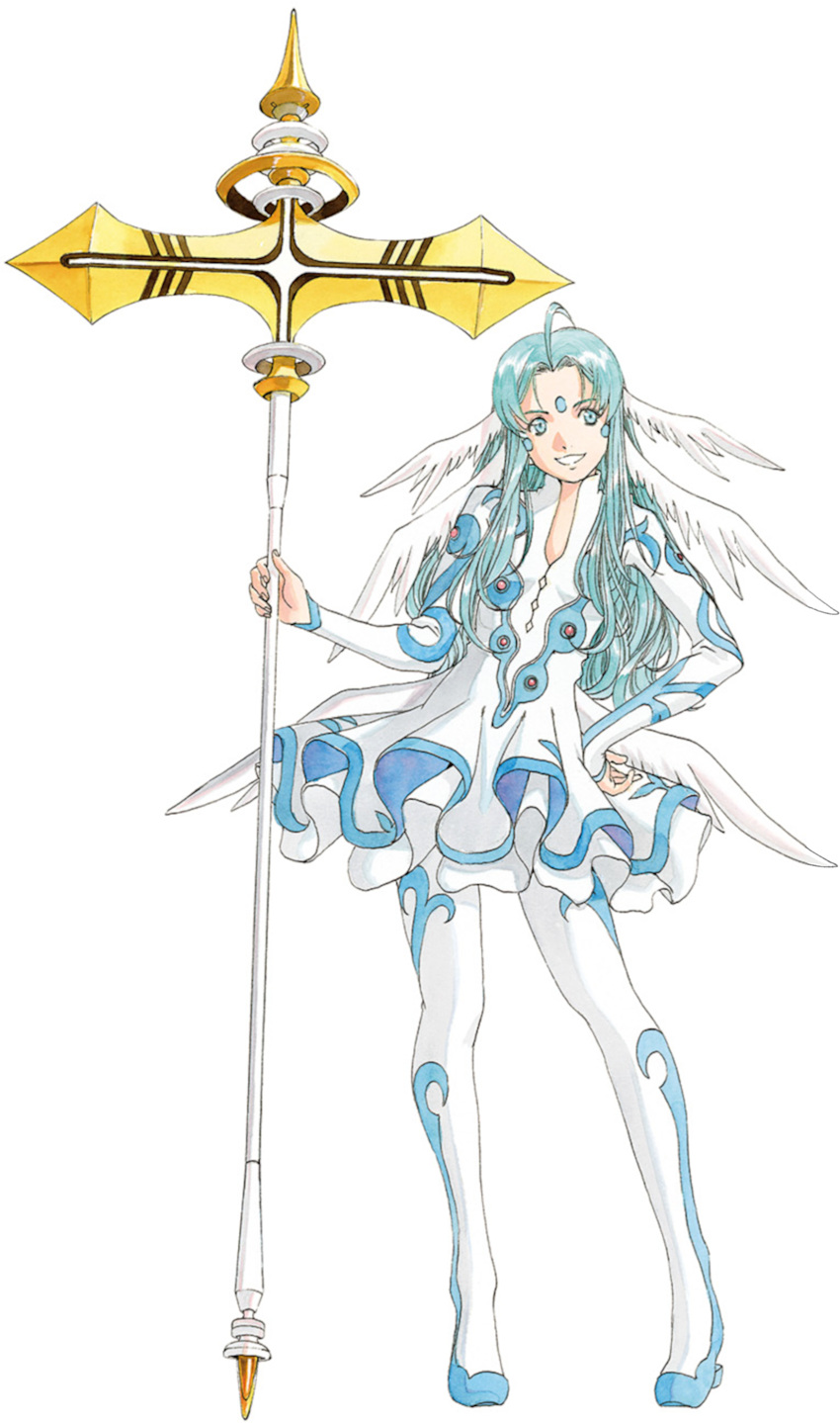 1girl aa_megami-sama absurdres ahoge ansuz aqua_eyes aqua_hair axe battle_axe breasts cleavage dress facial_mark forehead_mark goddess hand_on_hip head_wings highres holding holding_axe holding_weapon leggings long_hair open_mouth simple_background small_breasts smile solo standing tutu weapon white_background wings