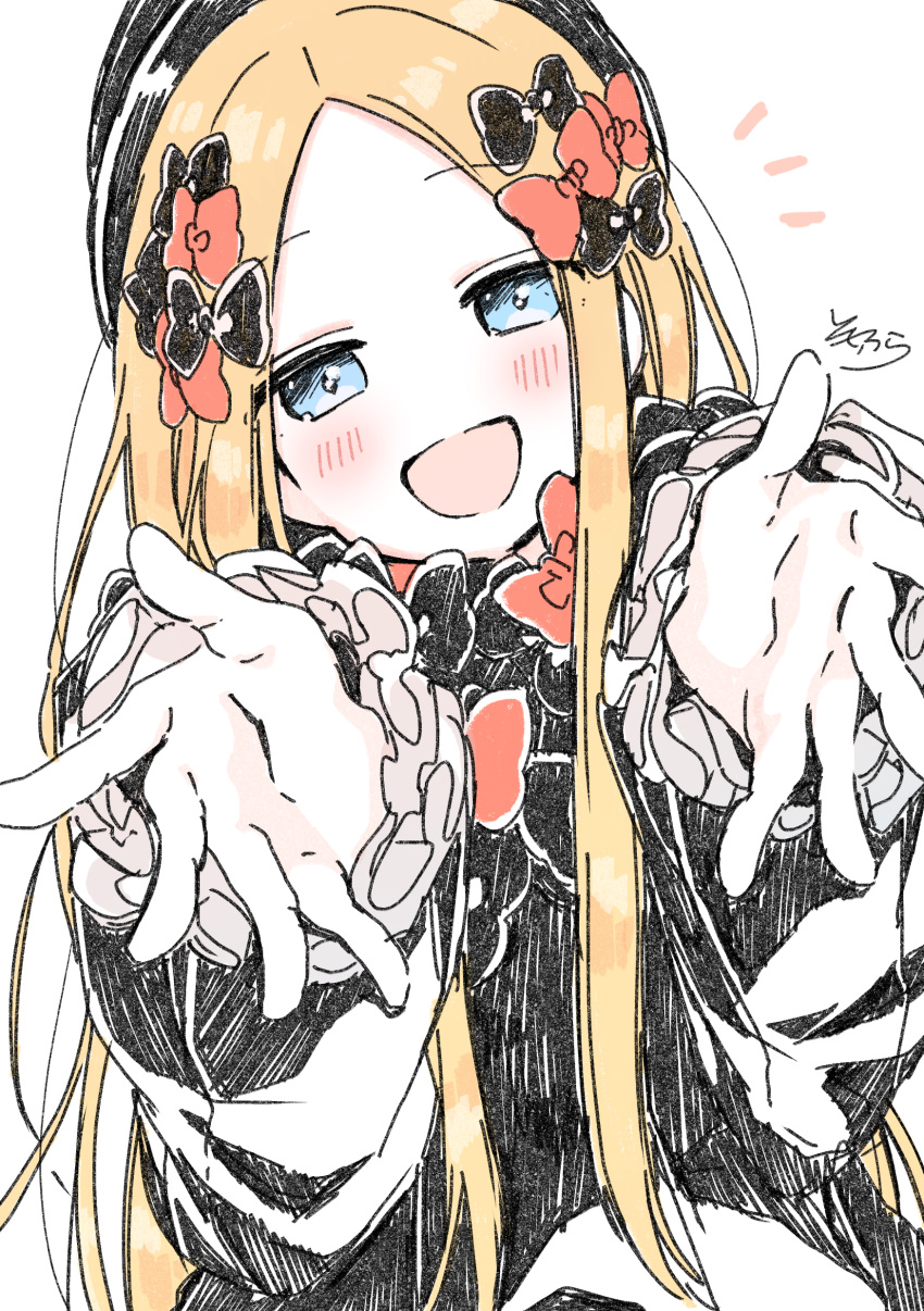 1girl :d abigail_williams_(fate/grand_order) absurdres bangs black_bow black_dress black_headwear blonde_hair blue_eyes blush bow dress fate/grand_order fate_(series) forehead hair_bow hat head_tilt highres long_hair long_sleeves open_mouth orange_bow parted_bangs signature simple_background sleeves_past_wrists smile sofra solo upper_body very_long_hair white_background