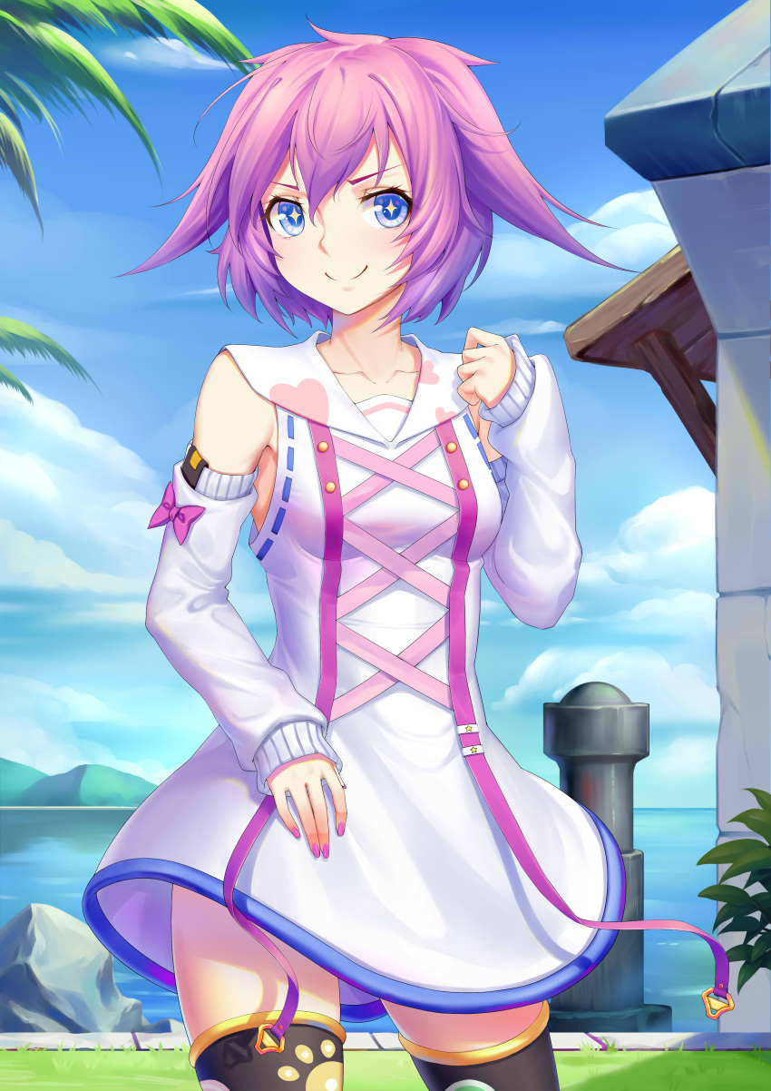 +_+ 1girl absurdres bangs blue_eyes blue_sky breasts building collarbone day detached_sleeves dress highres looking_at_viewer medium_breasts nail_polish original outdoors palm_tree purple_hair short_hair sky smile solo sonikey0_0 thigh-highs tree water white_dress