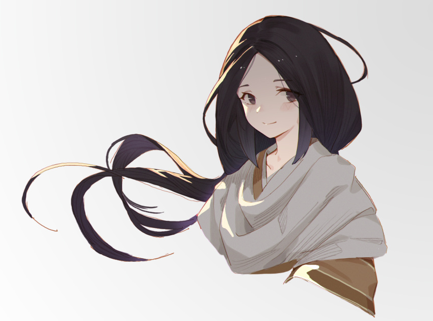 1girl bangs black_hair blush divine_child_of_rejuvenation highres japanese_clothes kimono long_hair parted_bangs sekiro:_shadows_die_twice smile solo whisper_(wfox1234)