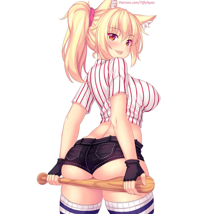 1girl animal_ear_fluff animal_ears ass baseball_bat blonde_hair breasts cat_ears commentary denim denim_shorts english_commentary eyebrows_visible_through_hair fast-runner-2024 fingerless_gloves gloves highres large_breasts long_hair looking_at_viewer original patreon_username ponytail red_eyes scrunchie shirt short_shorts short_sleeves shorts simple_background slit_pupils smile solo striped striped_legwear striped_shirt thigh-highs tiffy tongue tongue_out vertical-striped_shirt vertical_stripes