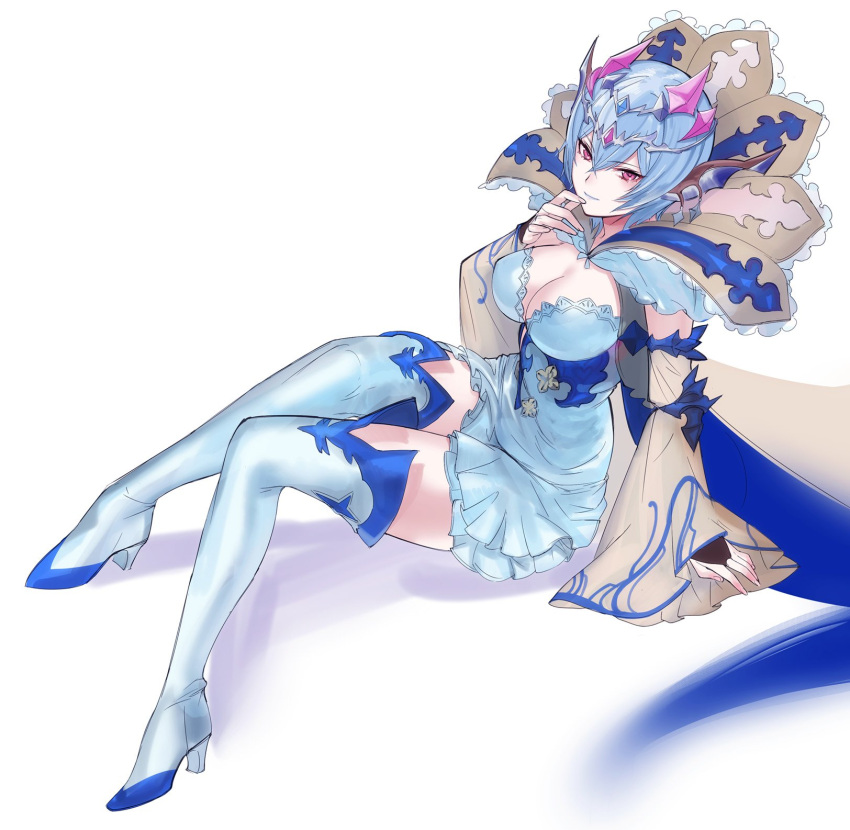 1girl blue_hair blue_lipstick boots breasts cleavage detached_sleeves granblue_fantasy high_collar highres large_breasts lipstick macula_marius makeup pink_eyes short_hair sitting smile tetsu_(kimuchi) thigh-highs thigh_boots tiara white_background wide_sleeves