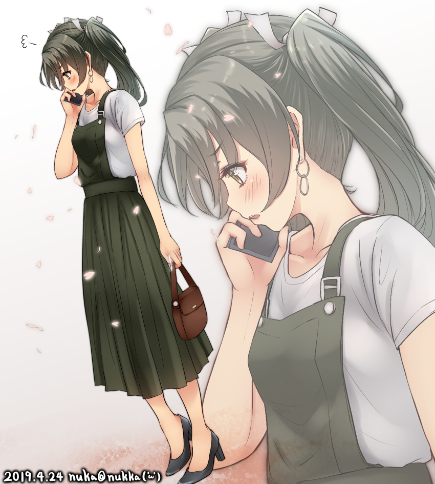 1girl alternate_costume blush cellphone cherry_blossoms dress earrings eyebrows_visible_through_hair full_body gradient gradient_background green_dress green_eyes green_hair highres jewelry kantai_collection long_hair multiple_views nuka_(nvkka) open_mouth phone shirt shoes smartphone solo twintails white_shirt zuikaku_(kantai_collection)